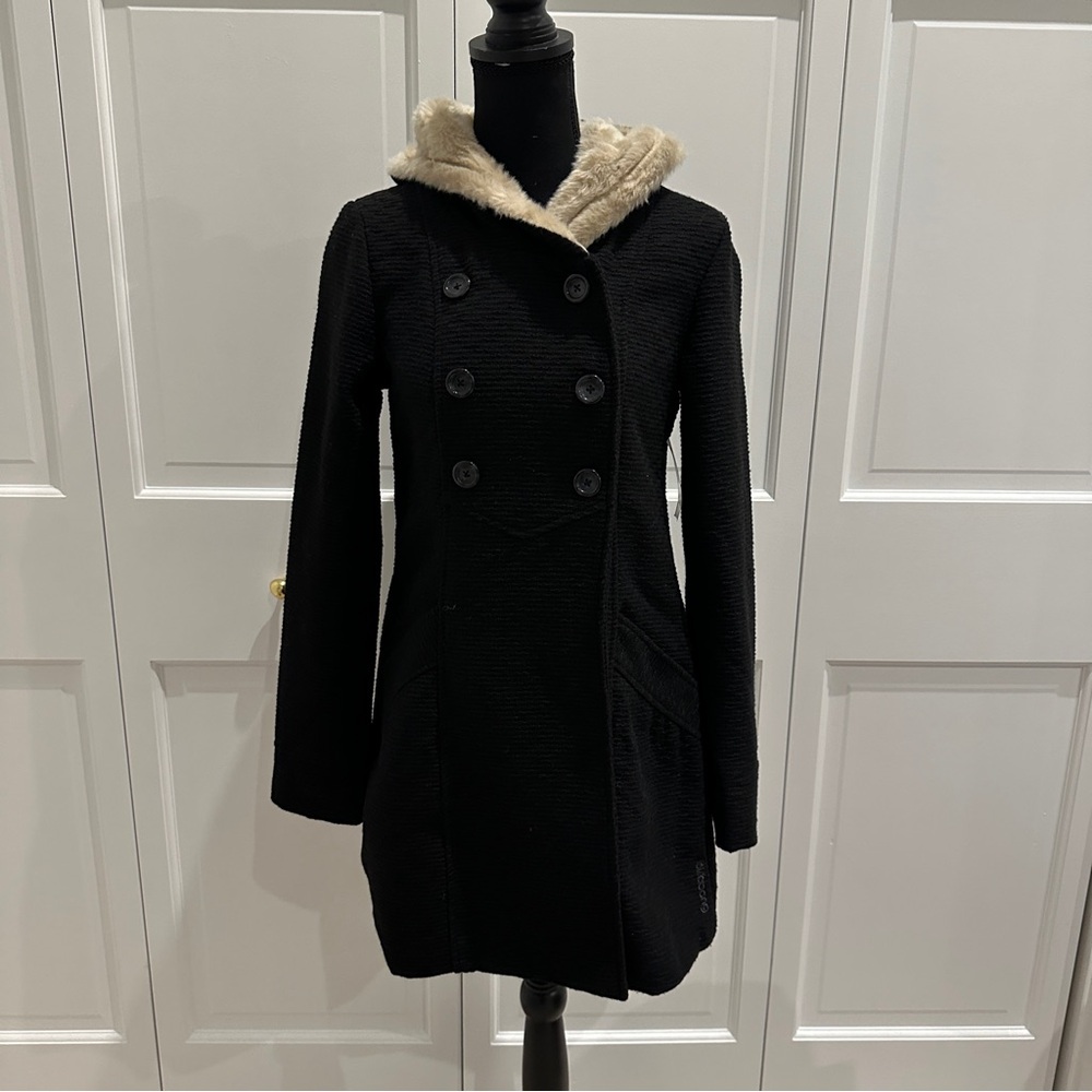 NWT Billabong Black Pea Coat with Fur Hood